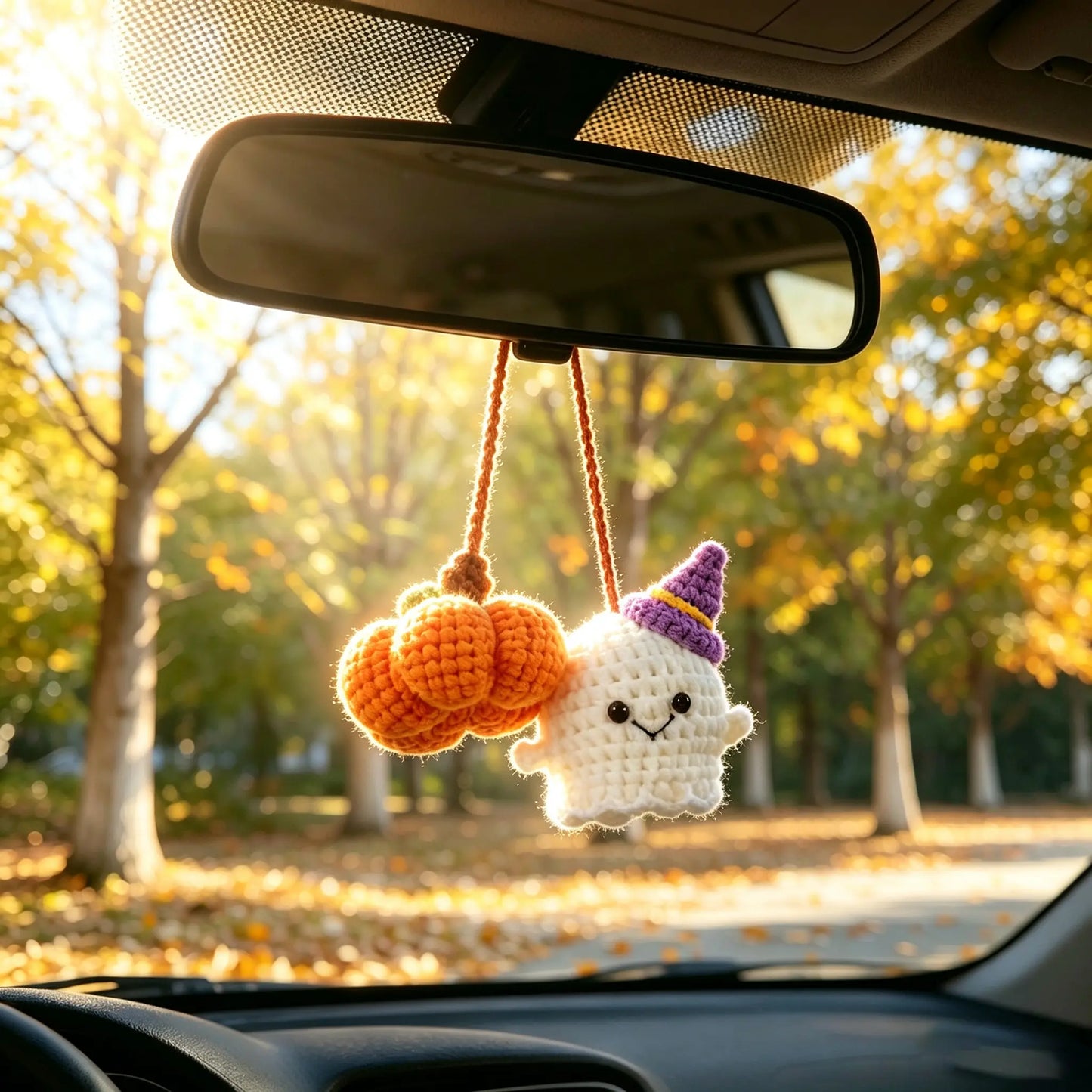 Crochet Ghost & Pumpkin Car Charm Handmade Cute Spring Summer Decor