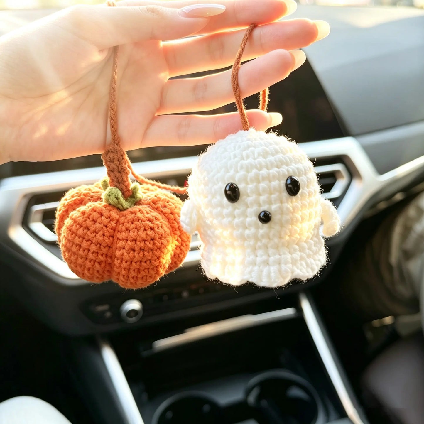 Crochet Ghost & Pumpkin Car Charm Handmade Cute Spring Summer Decor