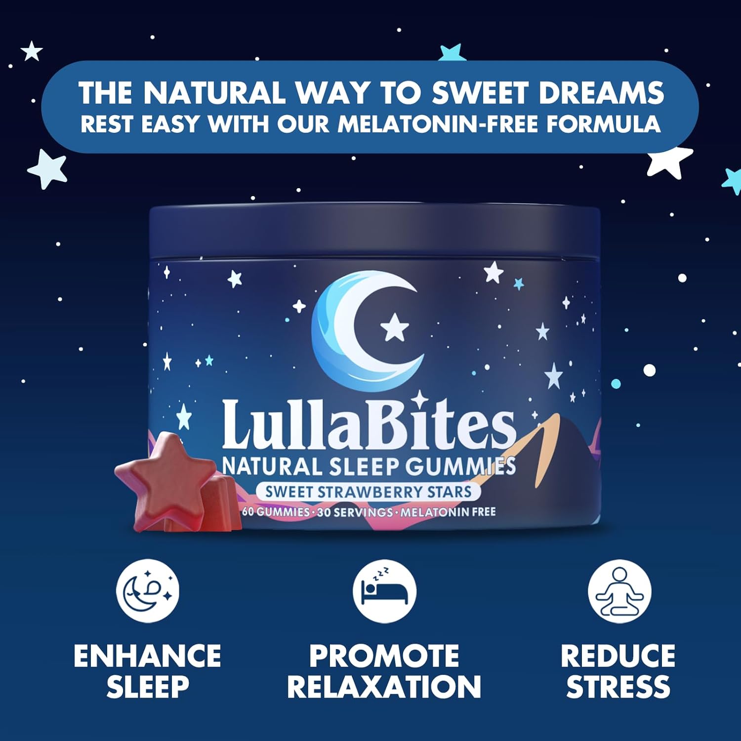 Natural Sleep Gummies  - With 5-HTP, L-Theanine, Magnesium & Valerian Root - Melatonin Free - Vegan - Halal - Sugar, Gluten Free - Sweet Strawberry - 60 Gummies - 30 Servings