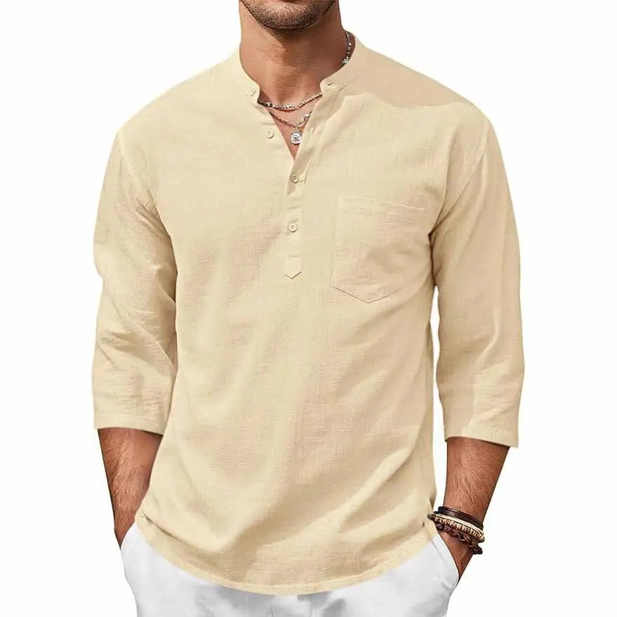Runcati Men's Linen Shirt - Casual Cotton 3/4 Sleeve