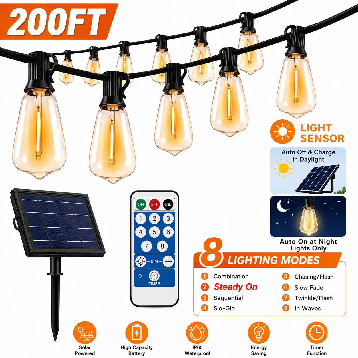 100FT LED Outdoor String Lights - Vintage Edison Bulbs